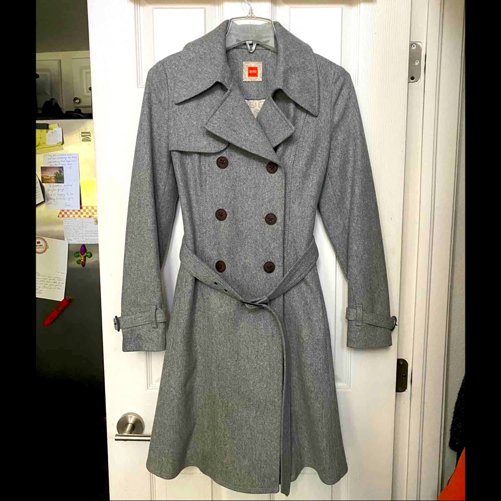 Hugo Boss Double Breasted Grey Wool Pea Coat with Flared Skirt